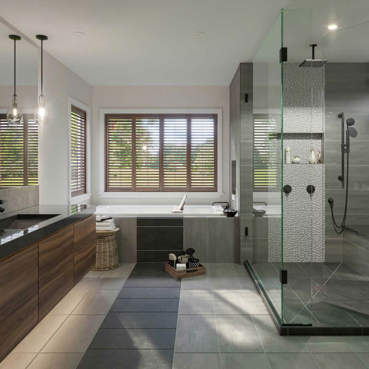 Modern luxury bathroom with a walk-in glass shower, soaking tub, and wooden window shutters.