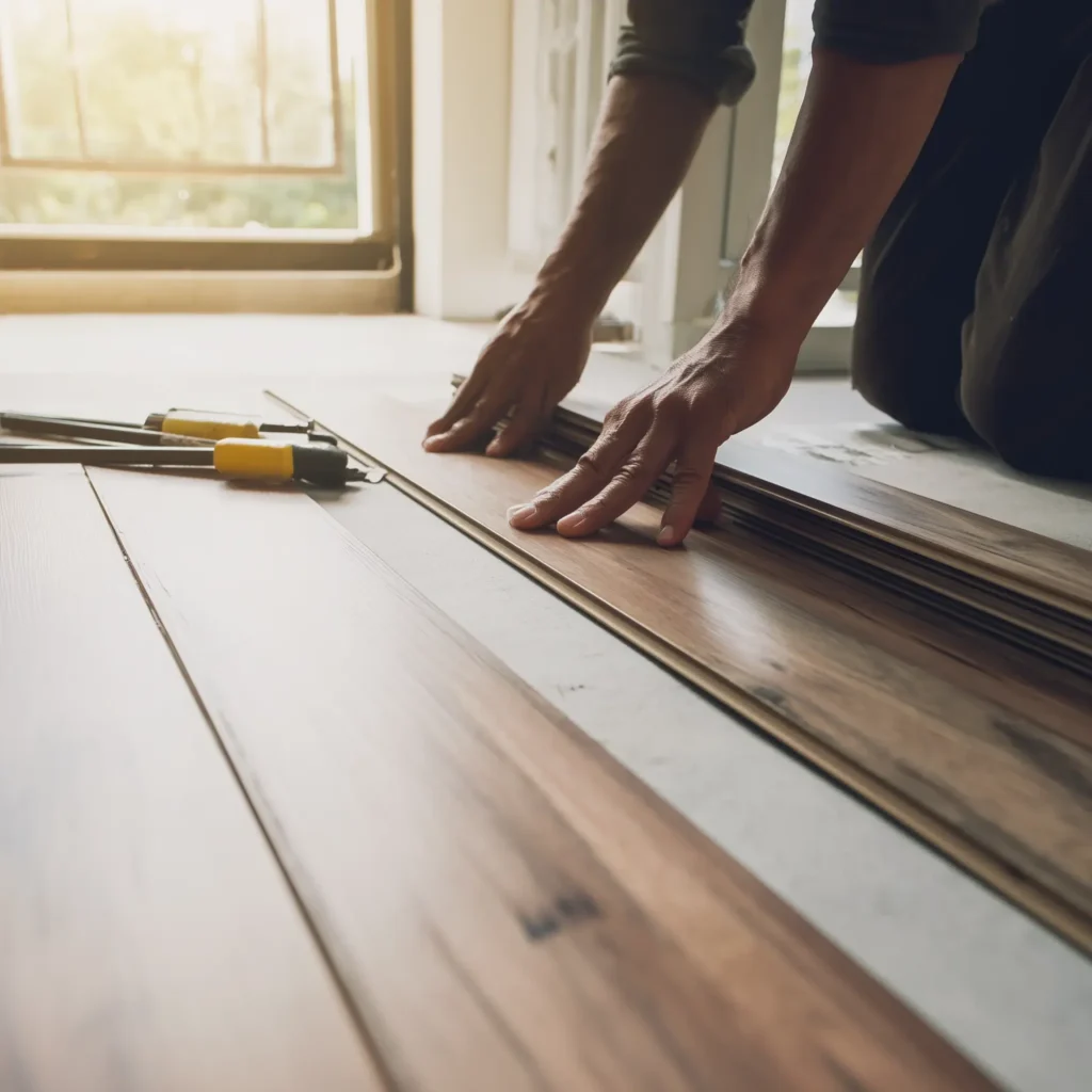 Hands fitting wood luxury vinyl flooring planks.