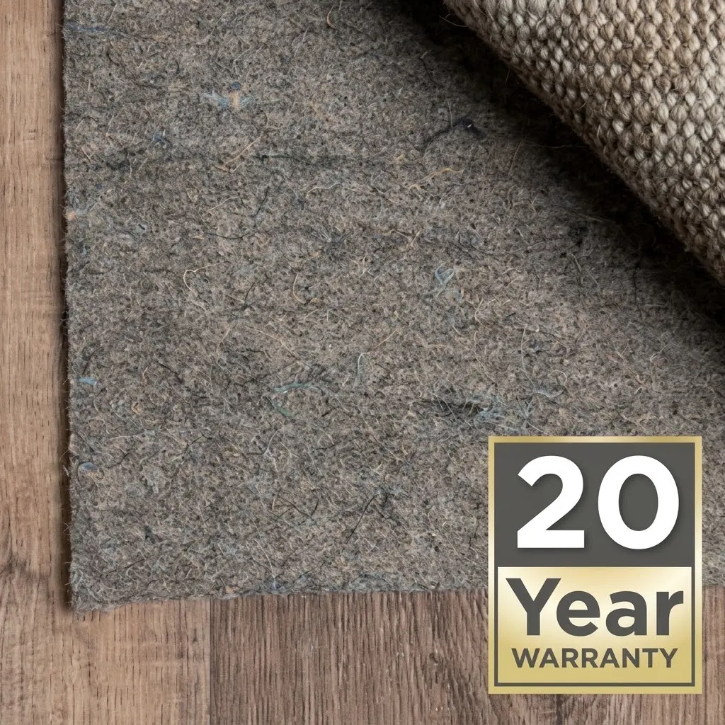 Grey felt rug pad under a peeled-back woven rug on wood floor, with a 20-year warranty badge.