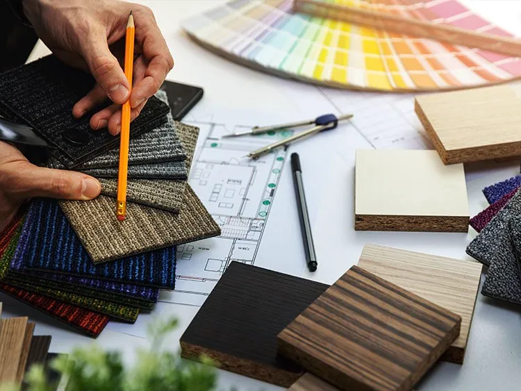 Interior designer pointing at carpet and wood swatches over floor plans.