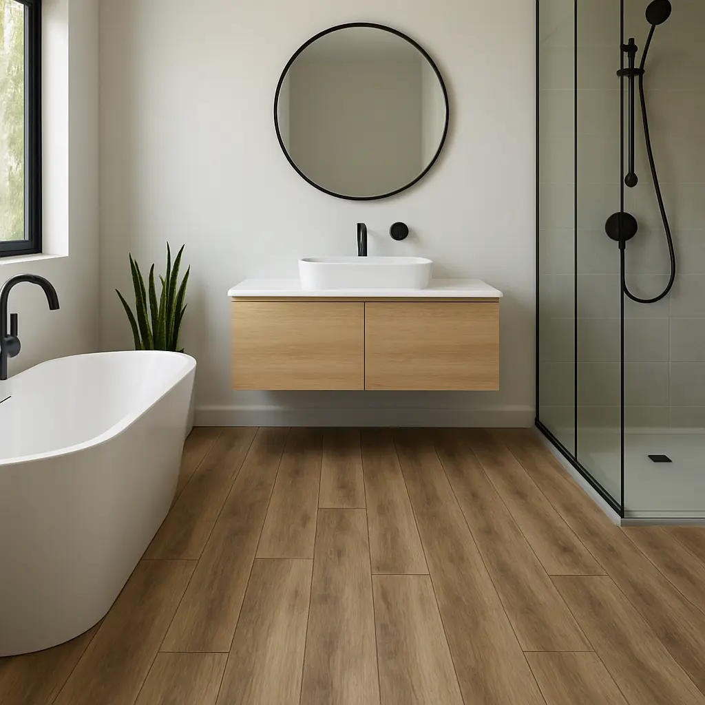 Modern bathroom with warm wood-plank flooring, floating vanity, and freestanding tub.