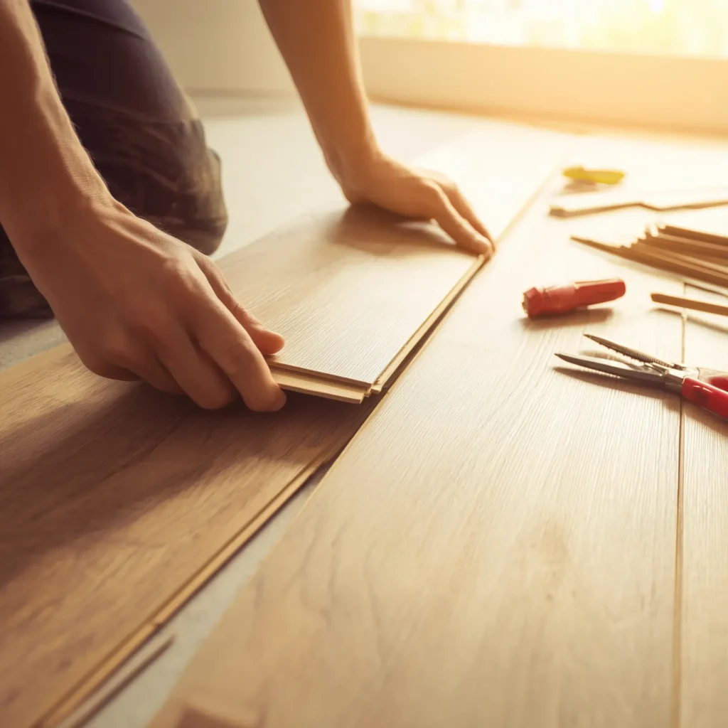 Hands installing wood laminate flooring planks.