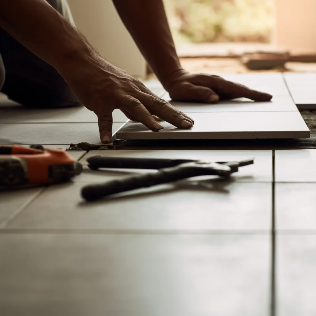 Hands carefully laying a large floor tile onto mortar.
