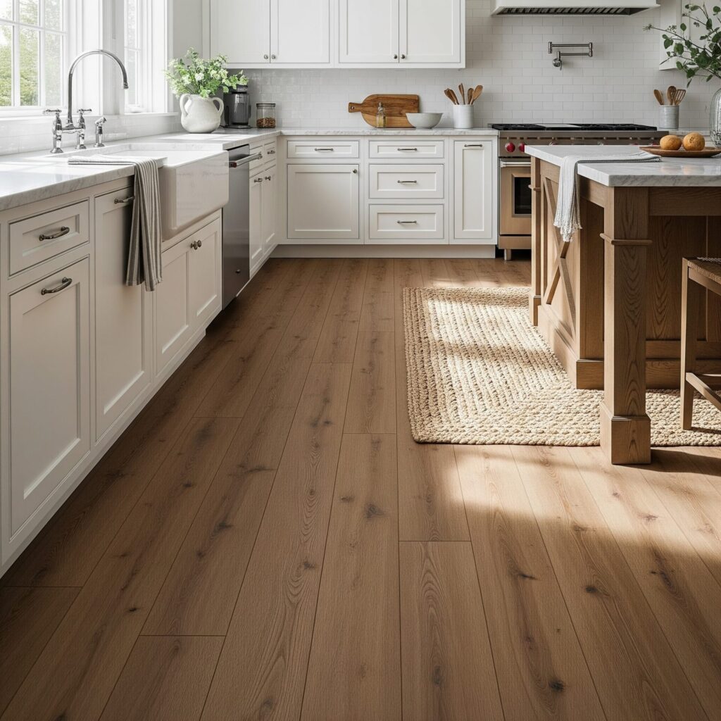 Bright kitchen with white cabinets and natural wood-look flooring.