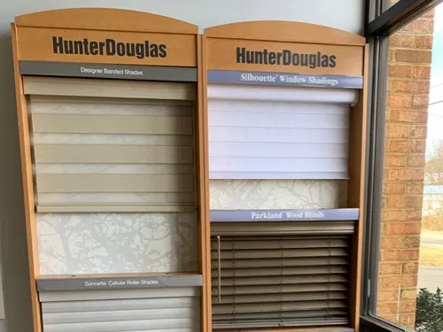 Hunter Douglas window shades and blinds display stand.