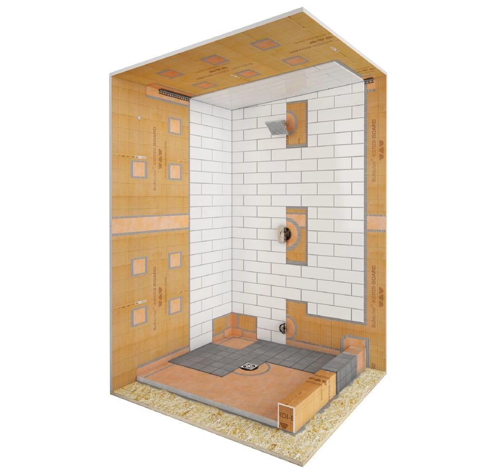 Cutaway diagram of a Schluter shower waterproofing system and tile assembly.