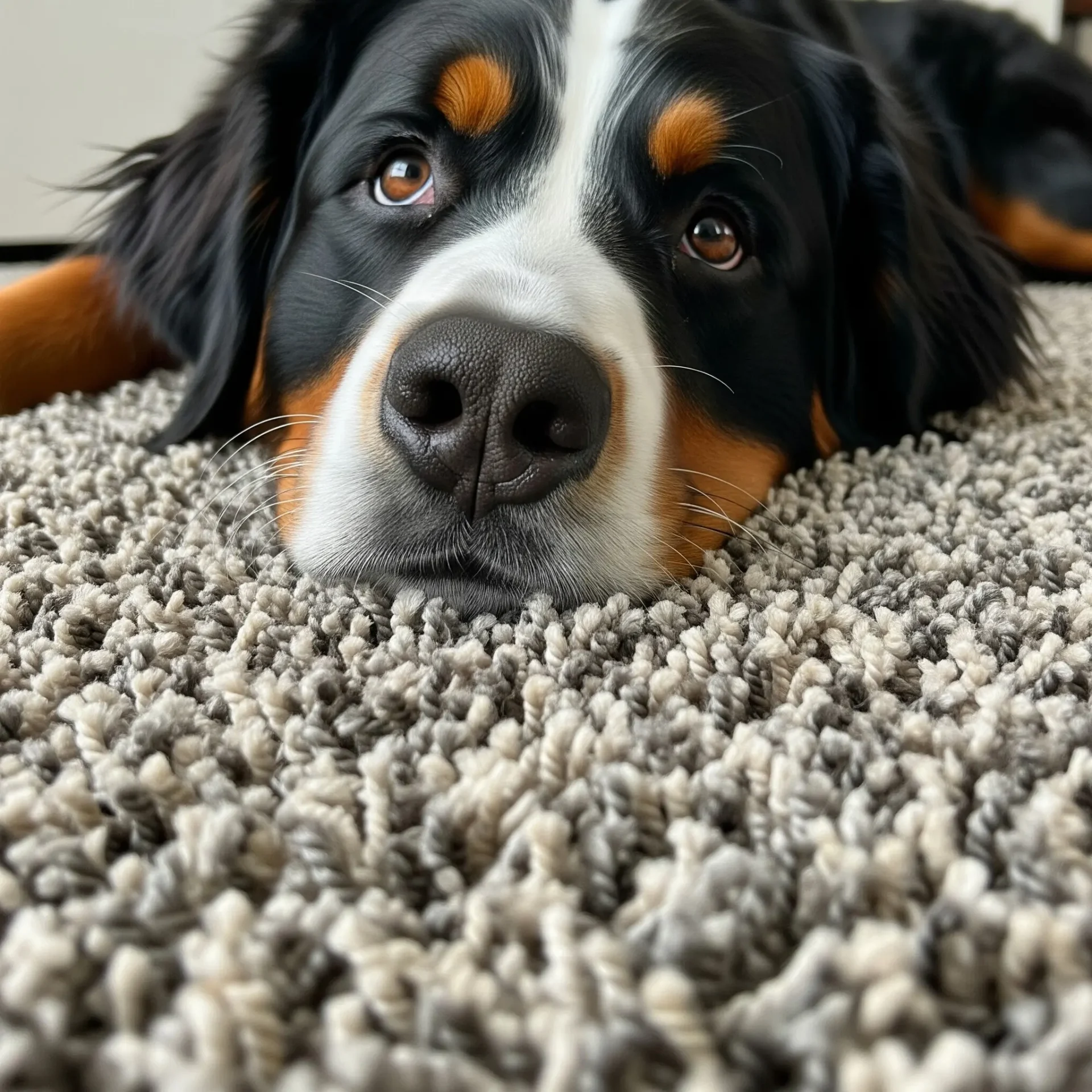 Bernese Mountain Dog resting its head on a thick shag carpet.