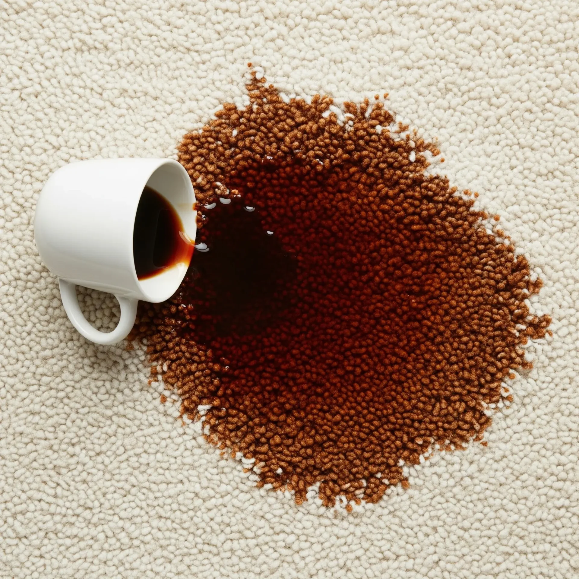 Coffee spilled from a white mug staining light carpet.