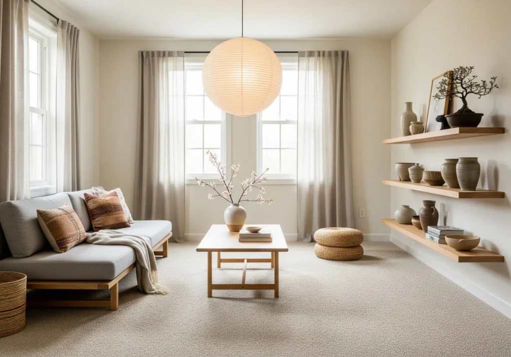 Japandi-style living room with neutral carpet, low wooden sofa, and paper pendant light.