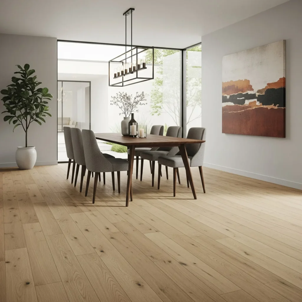 Modern dining room with light hardwood flooring.