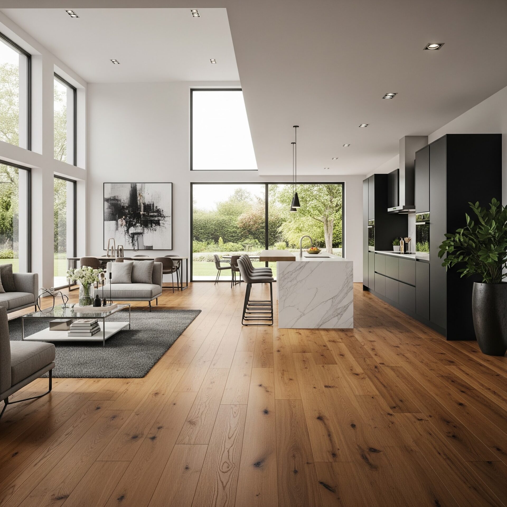 Modern open-concept living area and kitchen with warm wood flooring.