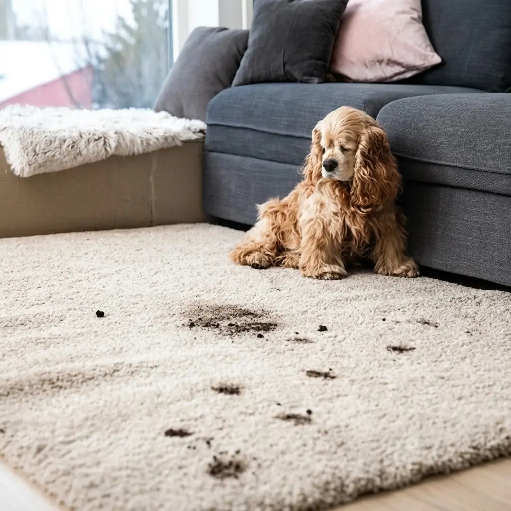 Cocker spaniel sitting next to muddy paw prints on a light rug.